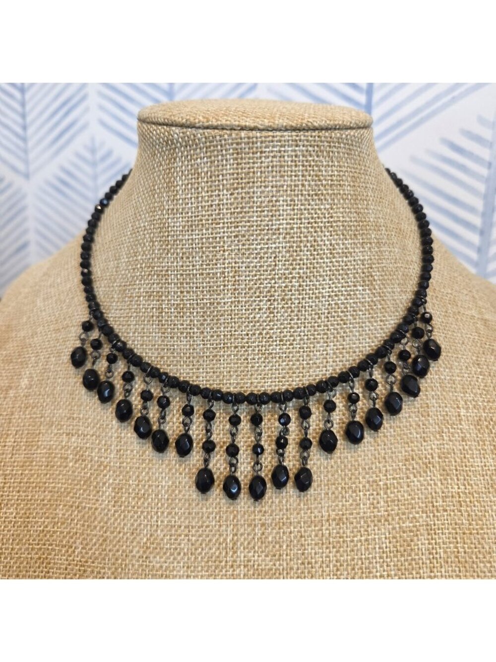 Black Victorian Gothic Burlesque Beaded Tassel Chocker Statement Necklace
